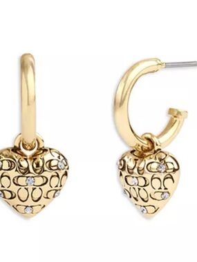NEW Coach Signature Pavé Quilted Heart Charm Huggie Hoop Earrings Dainty Gold